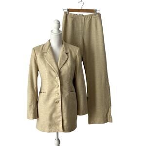 Max Mara Pant Suit Set Womens 8 Beige Wool Stretch Jacket Italy Neutral Luxury